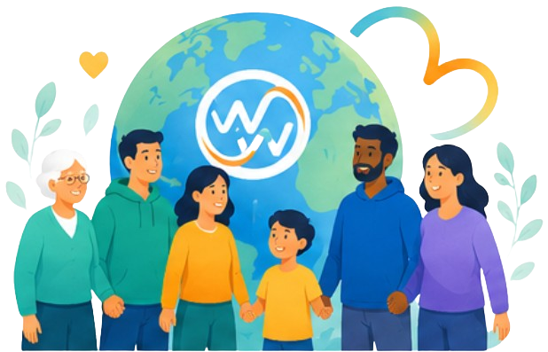 Illustration of a community around a globe with the WontWait logo