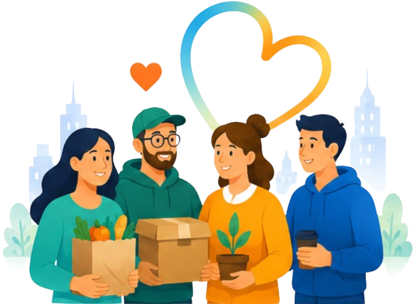 Illustration of neighbors sharing groceries, a package and a plant